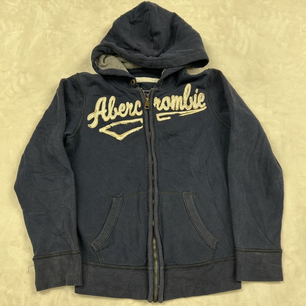 Abercrombie Zip Up Hoodie womans Large Navy Blue Chenille Logo Fleece Sweatshirt